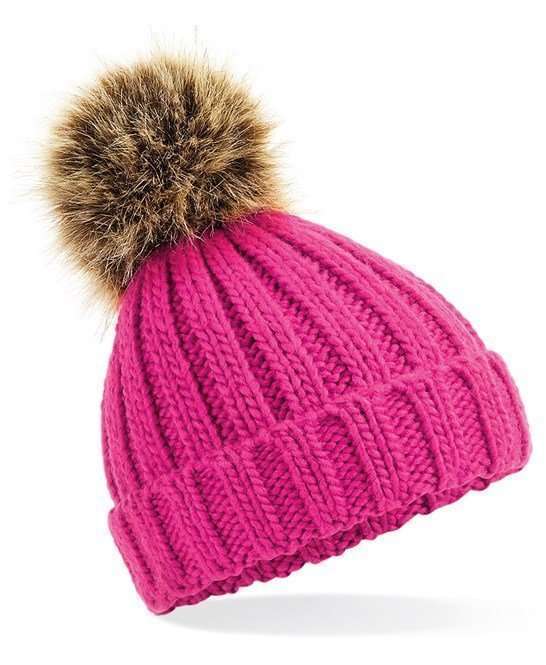 Beechfield Fur Pom Pom Chunky Beanie, Fuchsia
