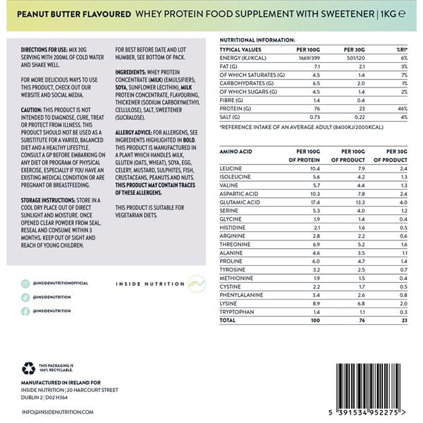 Inside Nutrition Whey Protein, 1kg, Peanut Butter