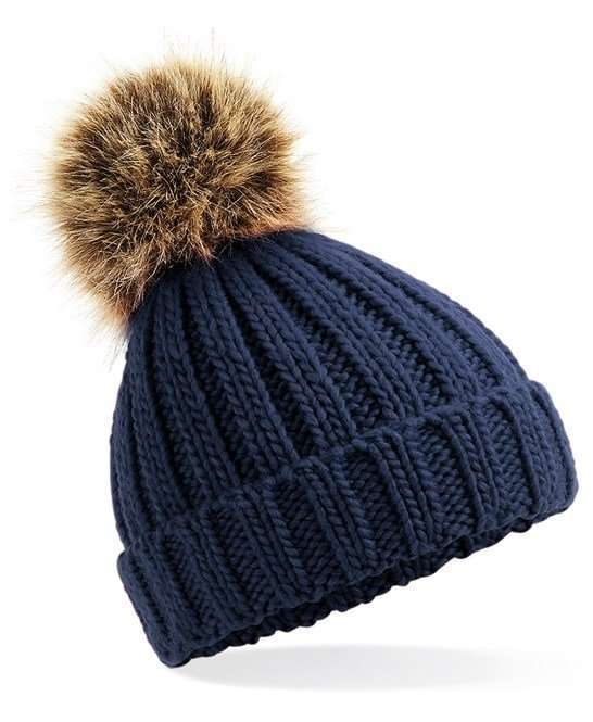 Beechfield Fur Pom Pom Chunky Beanie, Navy